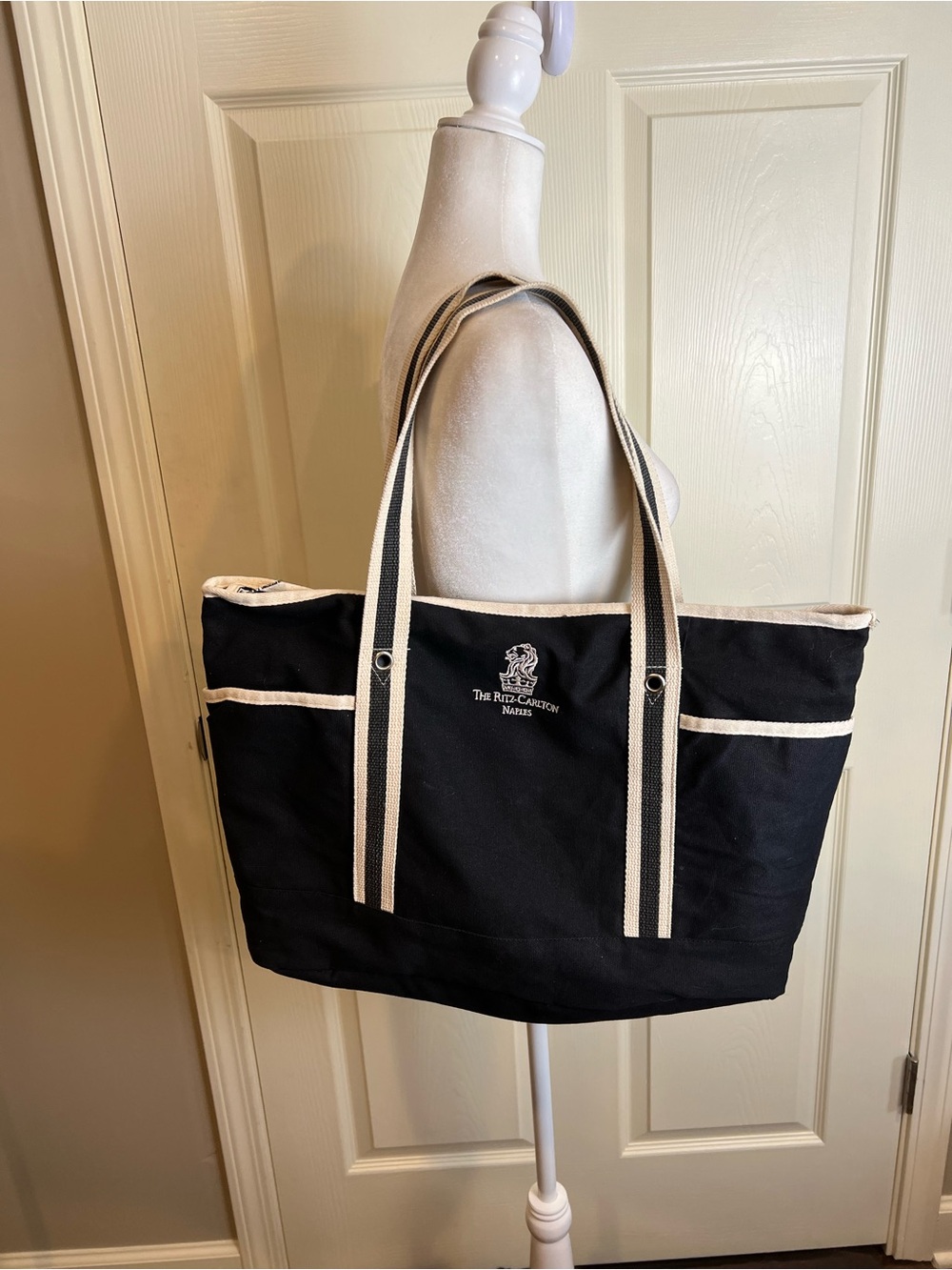 The Ritz-Carlton Naples Black Canvas boat Tote with Cream Trim